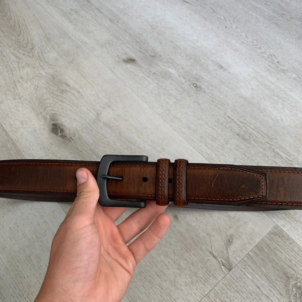 Mens Tan Brown Leather Stitched Belt Matte Black Buckle Size 44 6CTGDHAS70268